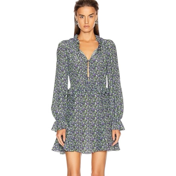 Les Reveries Ruffle Picnic Mini Floral 100% Silk Dress In Ditsy Purple Pansies